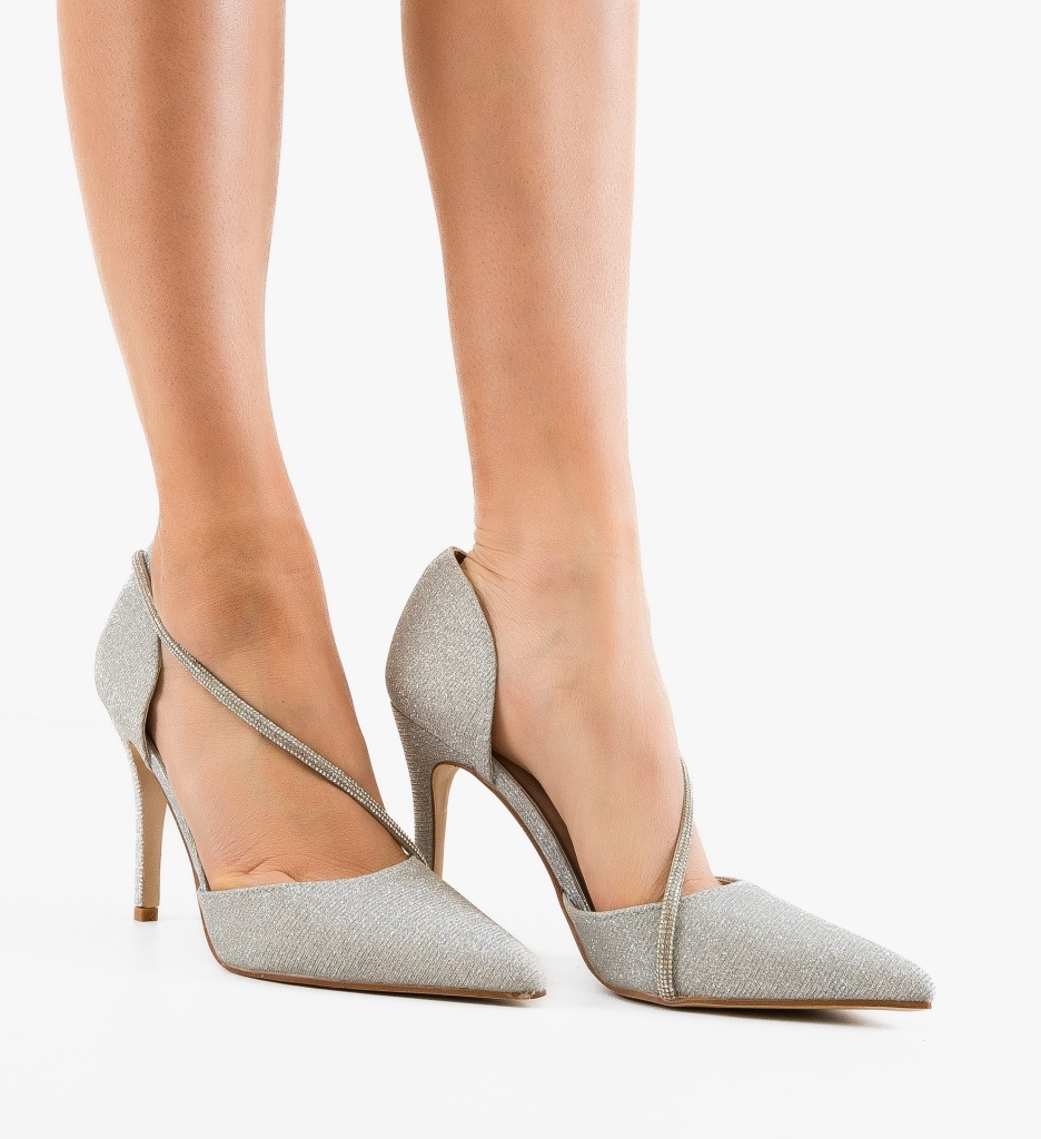 Pantofi Hande Argintii Eleganți cu Toc