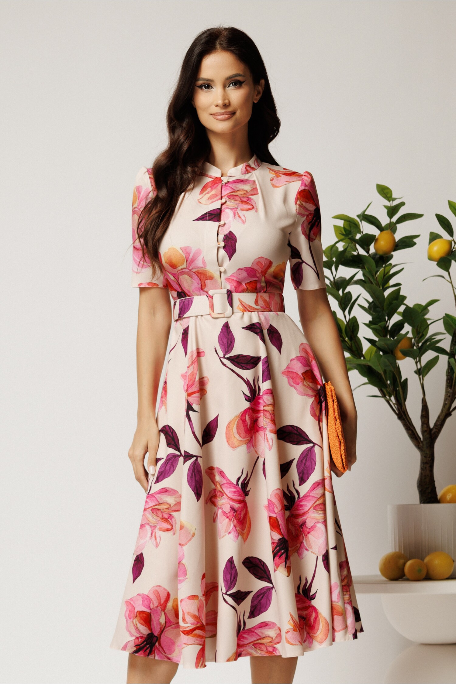 Rochie DY Fashion midi roz clos cu flori și cureă