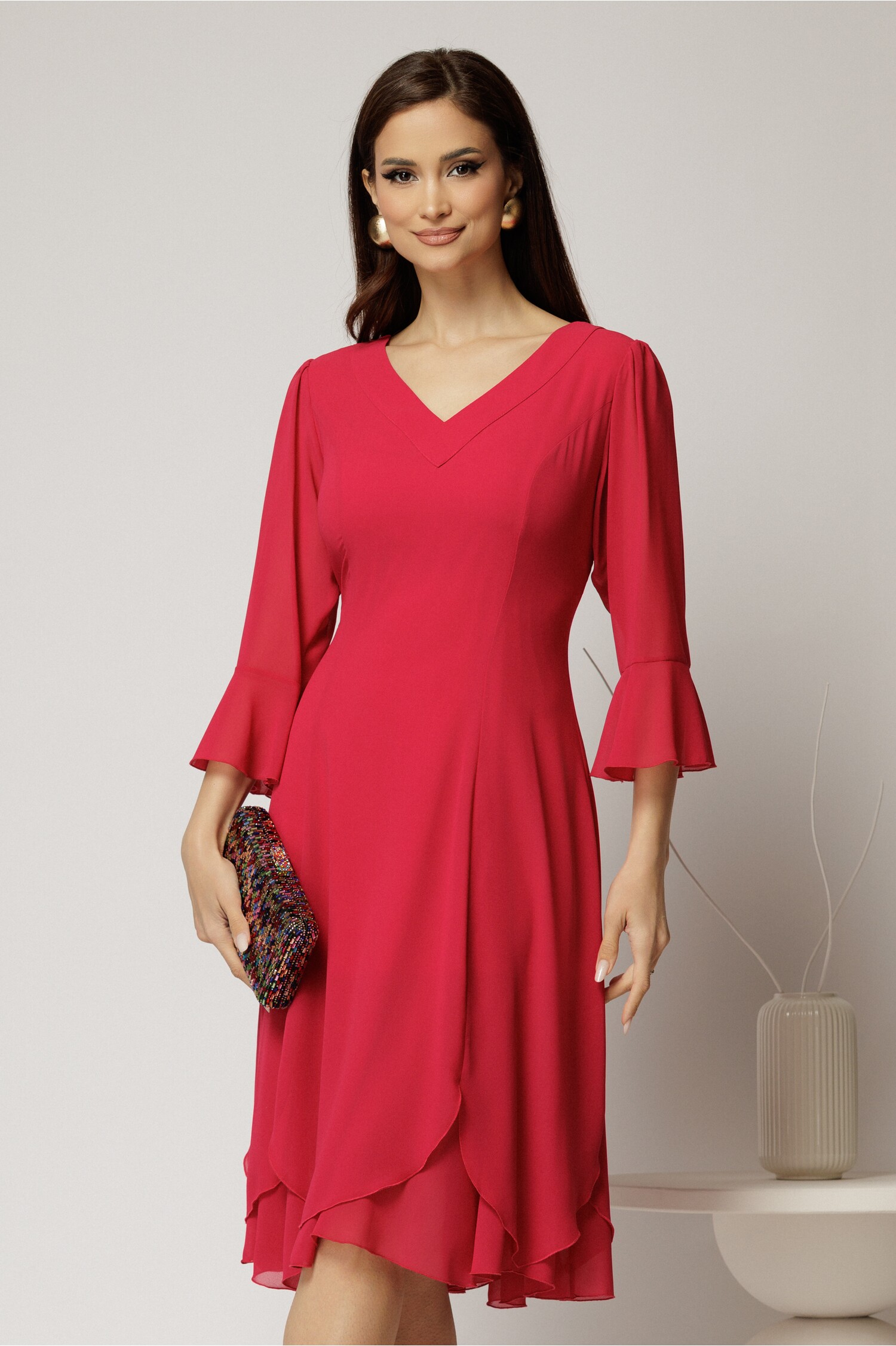 Rochie Midi Fucsia Voal cu Decolteu V și Croi Lejer