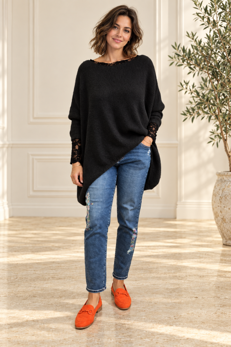 Pulover asimetric, oversize cu maneca cazuta, negru