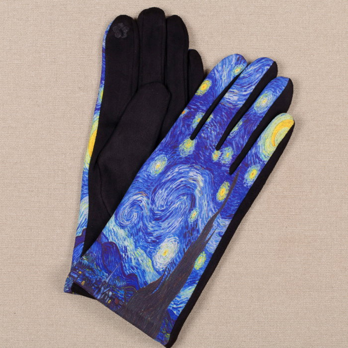 Manusi dama, textil cu imprimeu inspirat dupa   Noaptea Instelata  a lui Van Gogh