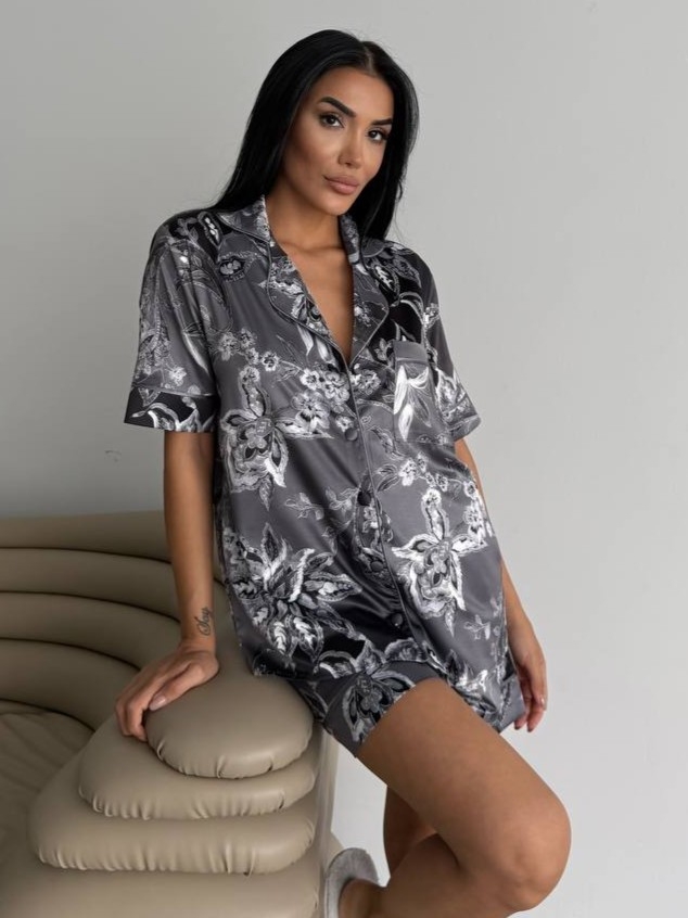 Set Pijama Dama 2 Piese Gri Floral Delis