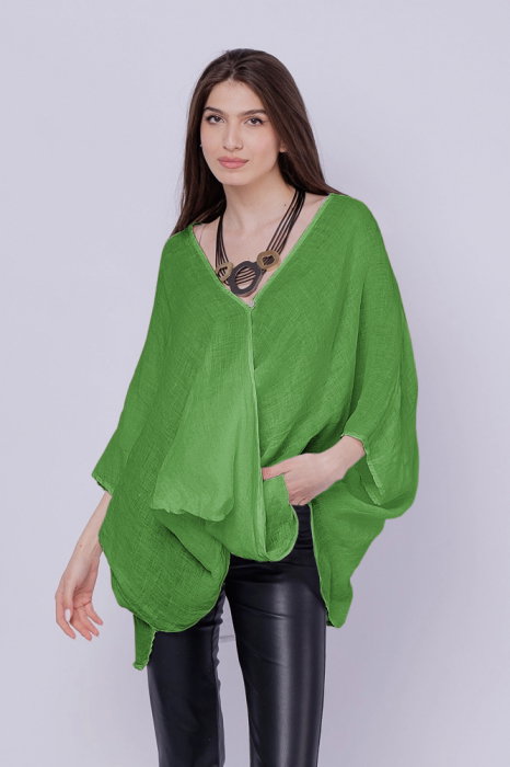Bluza oversize petrecuta, din in, verde oliv