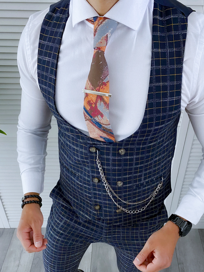 Vestă bărbați slim fit carouri, stil elegant