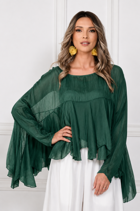 Bluza din matase naturala si vascoza cu volane tip cascada, croi lejer, verde inchis
