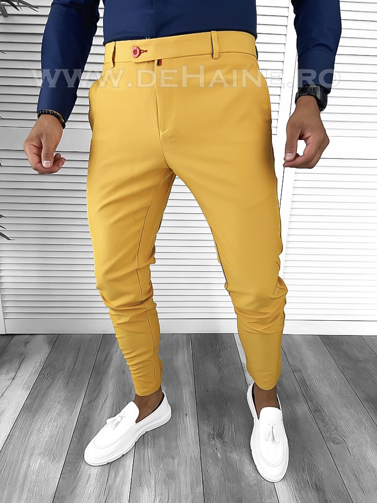 Pantaloni Barbati Mustar Casual din Bumbac