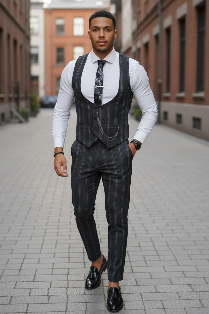 Compleu Elegant Barbati cu Vesta si Pantaloni Negri - imagine 2