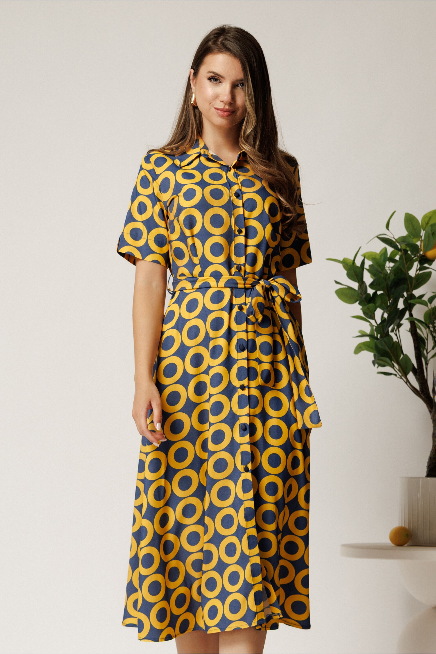 Rochie Midi Bumbac Bleumarin cu Cordon