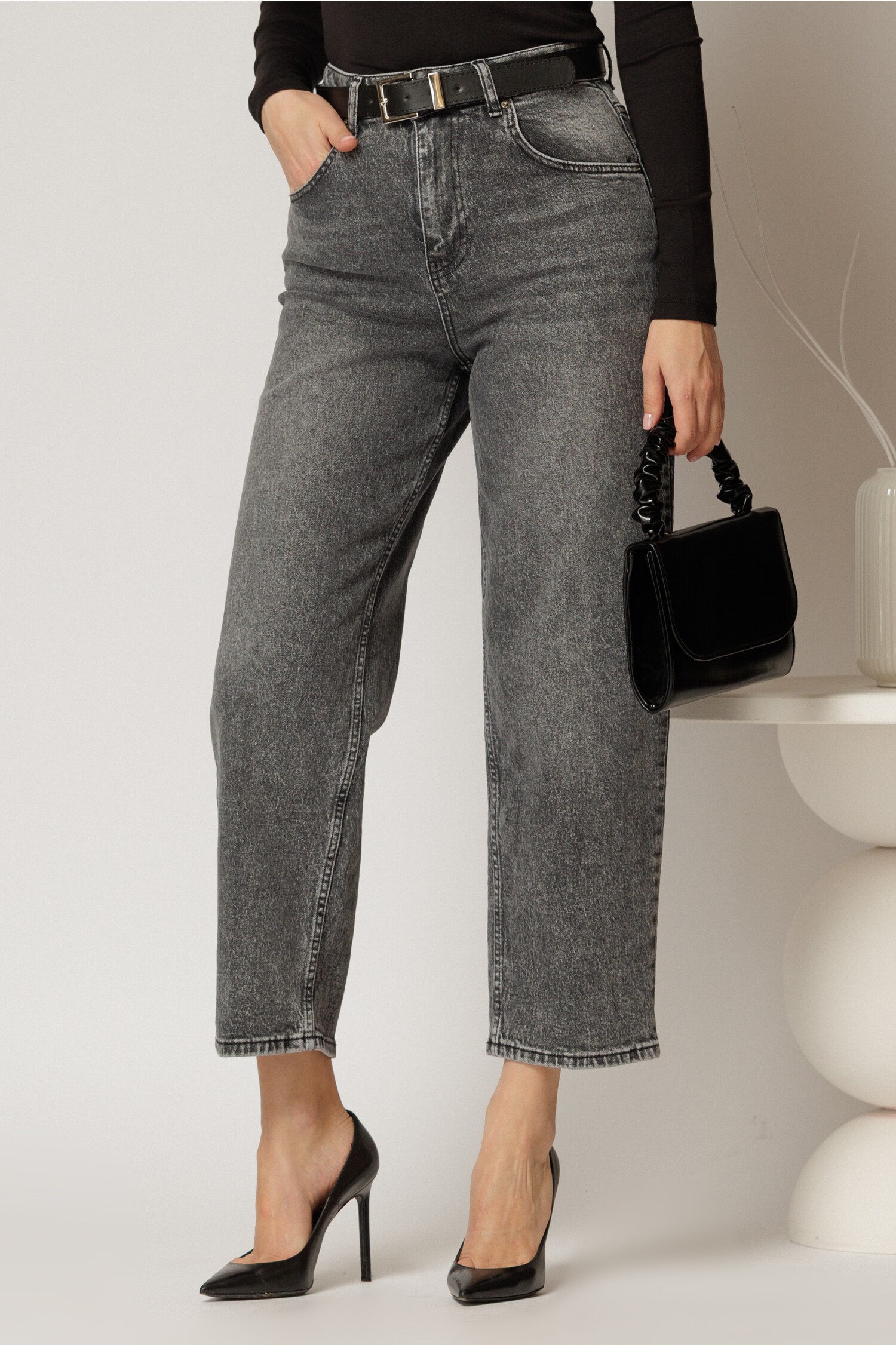 Blugi Dama Gri Talie Inalta Mom Fit