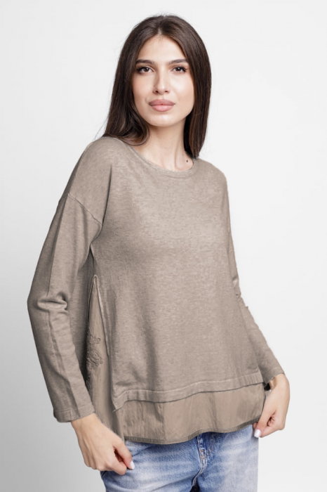 Pulover U See cu Angora și Broderie, Bej