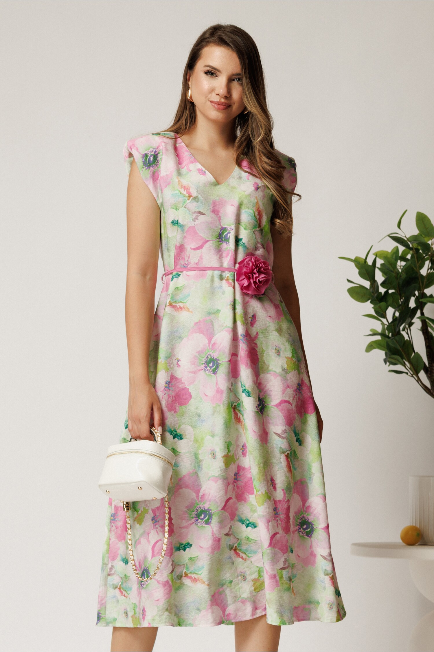 Rochie Midi Viscoza Roz cu Imprimeu Floral