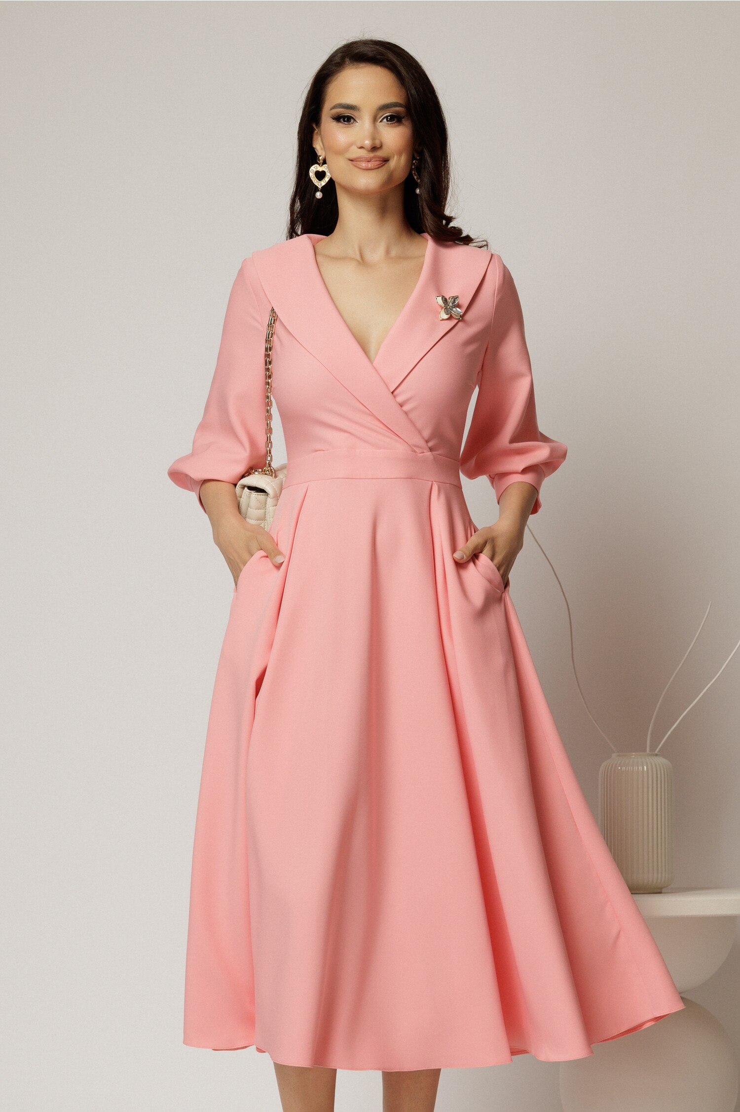 Rochie Office Stofă Roz Salmon cu Rever