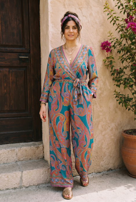 Salopeta Boho din mătase indiană turcoaz-portocaliu - imagine 2
