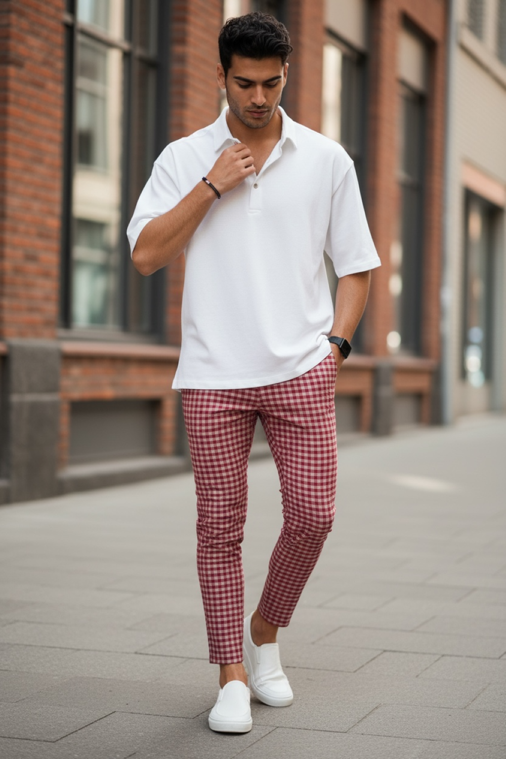 Pantaloni Casual Bumbac Rosii Carouri - imagine 2
