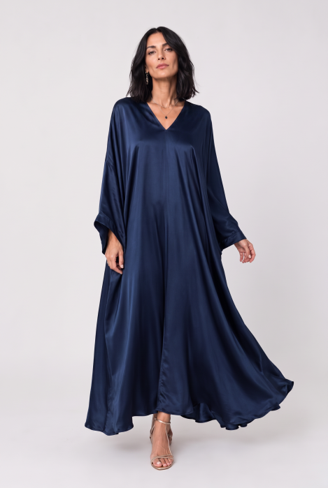 Rochie lunga tip caftan din satin cu matase si vascoza - bleumarin