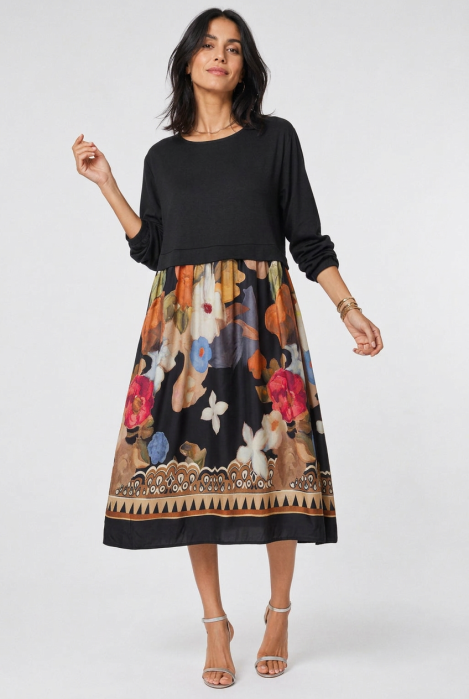 Rochie midi dama din jerseu si satin de matase cu imprimeu floral de toamna