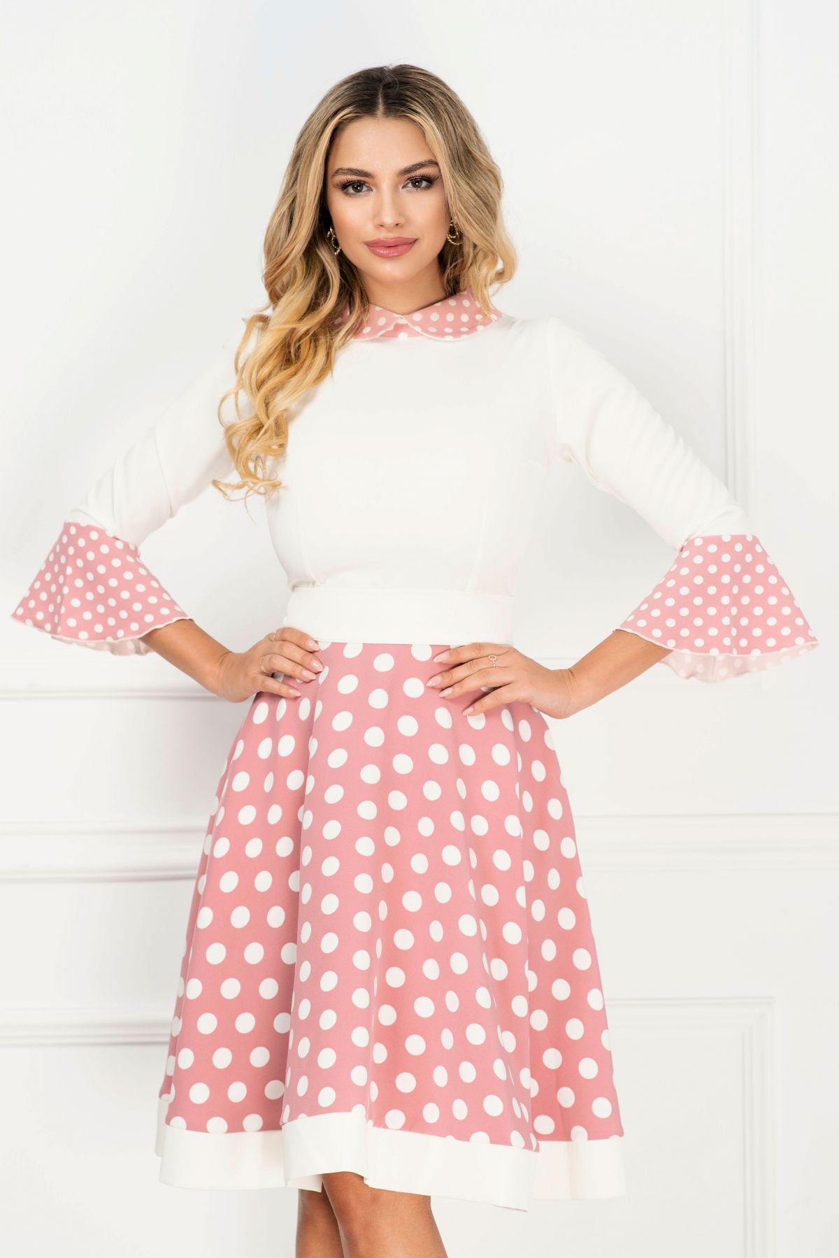 Rochie InPuff Roz cu Buline - Eleganță Românească - imagine 1