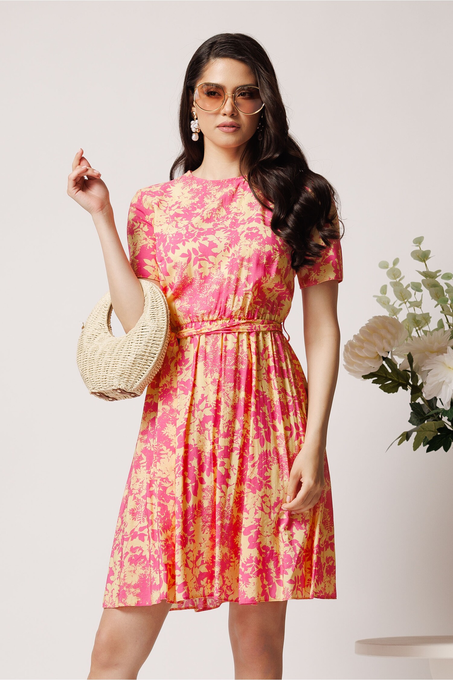 Rochie Visc Roz cu Imprimeu | DY Fashion