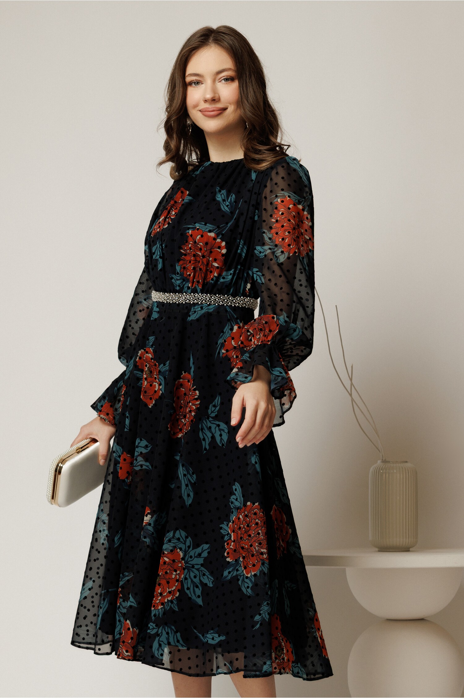 Rochie DY Fashion Bleumarin Catifea cu Perle