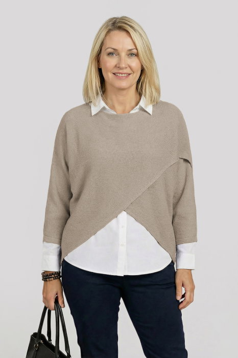 Pulover tip poncho petrecut asimetric, bej fango