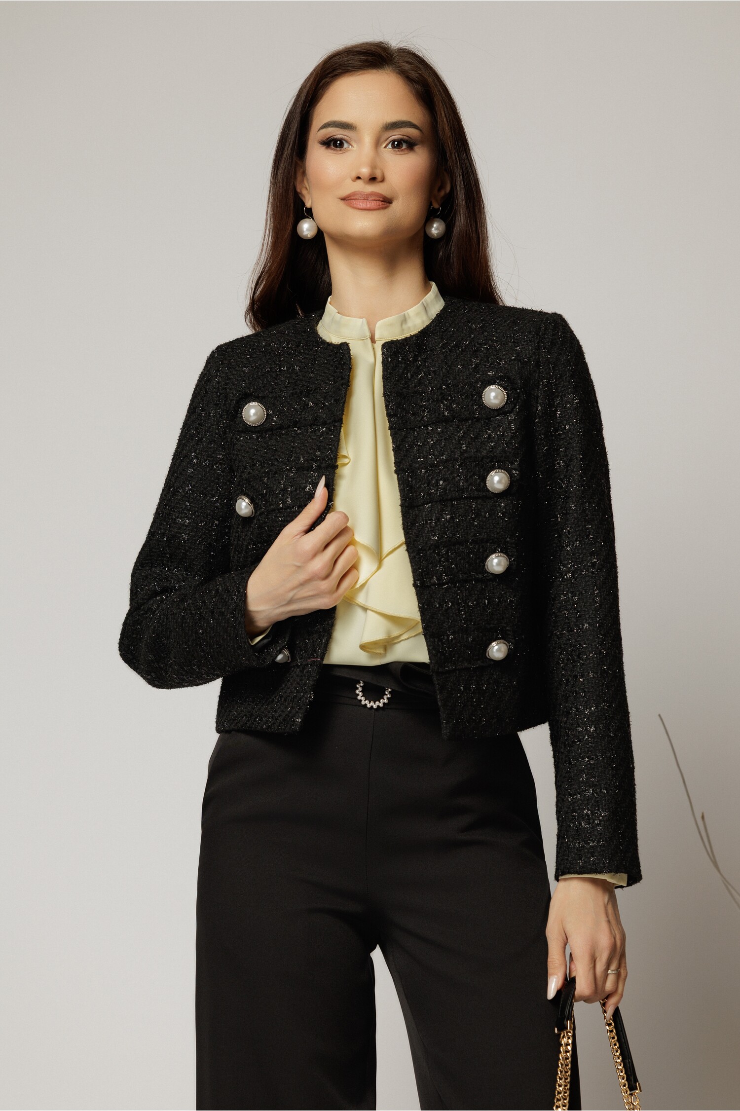 Sacou Tweed Negru DY Fashion cu Nasturi Decorativi