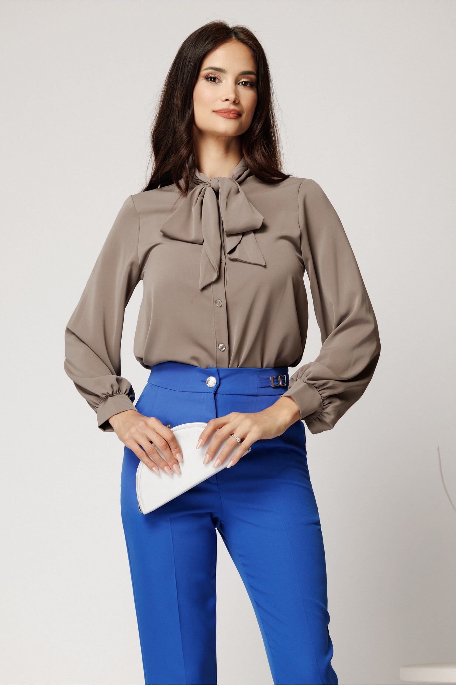 Cămăși Gri Dama cu Guler Eșarfă - Elegantă