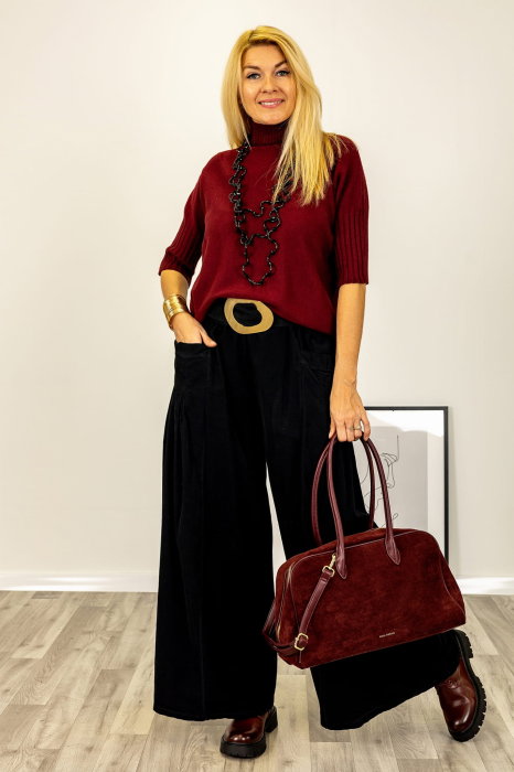 Pulover versatil cu maneci scurte ribbed si guler inalt, din vascoza, bordo