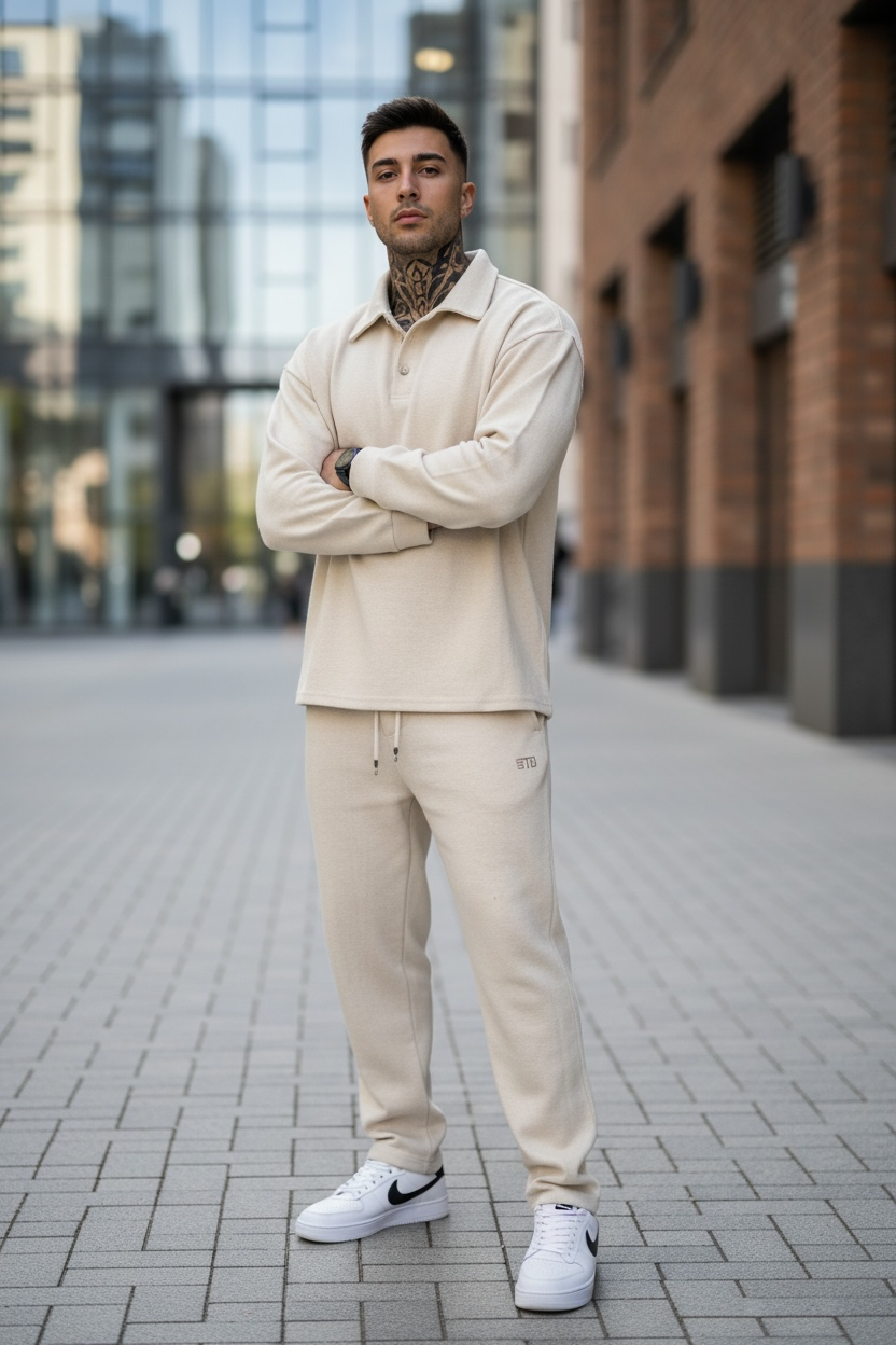 Trening Barbati Slim Fit Crem Bumbac Premium