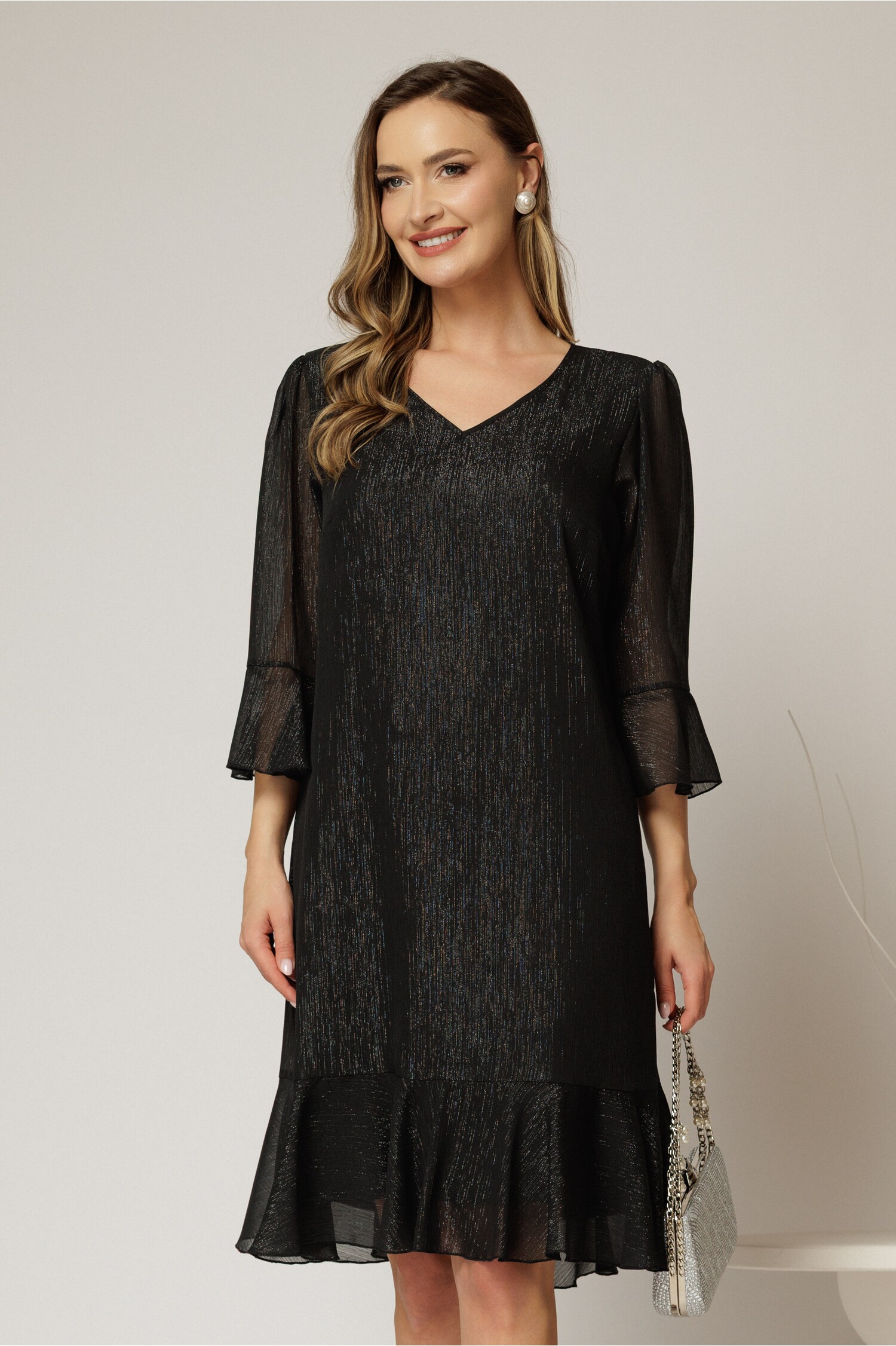 Rochie Midi Neagră cu Lurex și Croi Lejer