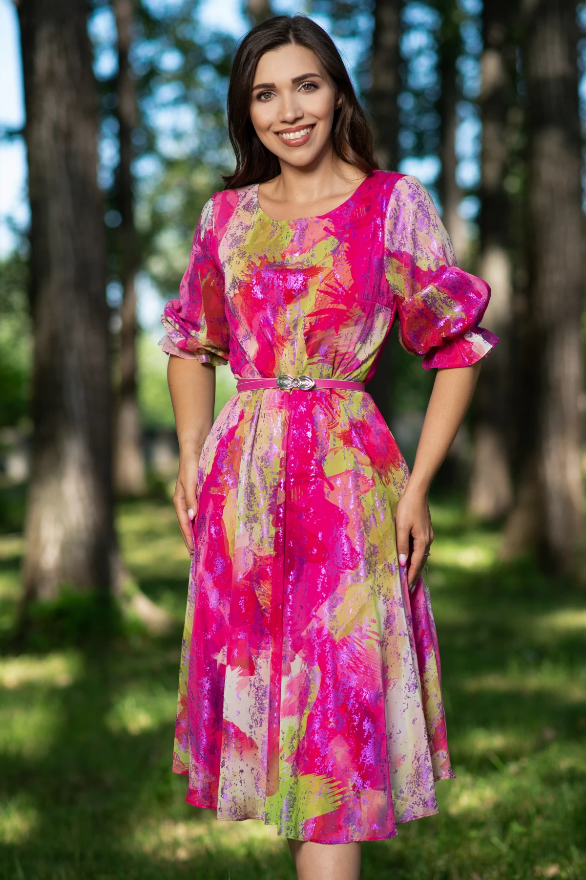 Rochie Aisha Inpuff fucsia imprimeu artistic