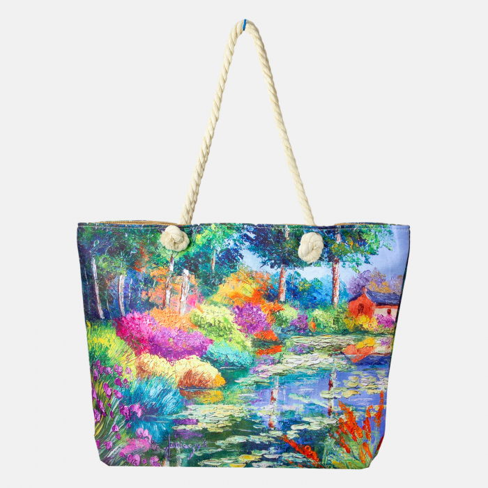 Geantă Plajă Shopika | Imprimeu Artistic Lac și Grădină