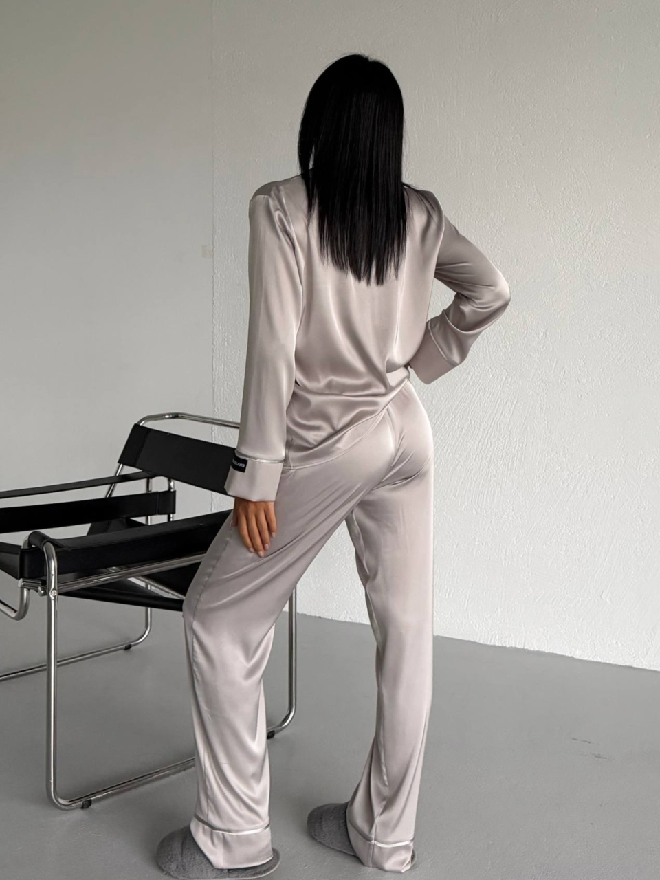 Pijama Delis 2 piese Gri, aspect satin - imagine 6