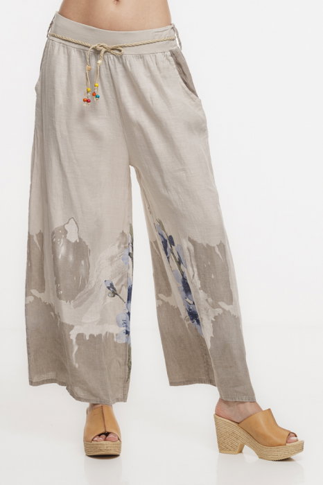 Pantaloni largi din in, bej floral - Shopika
