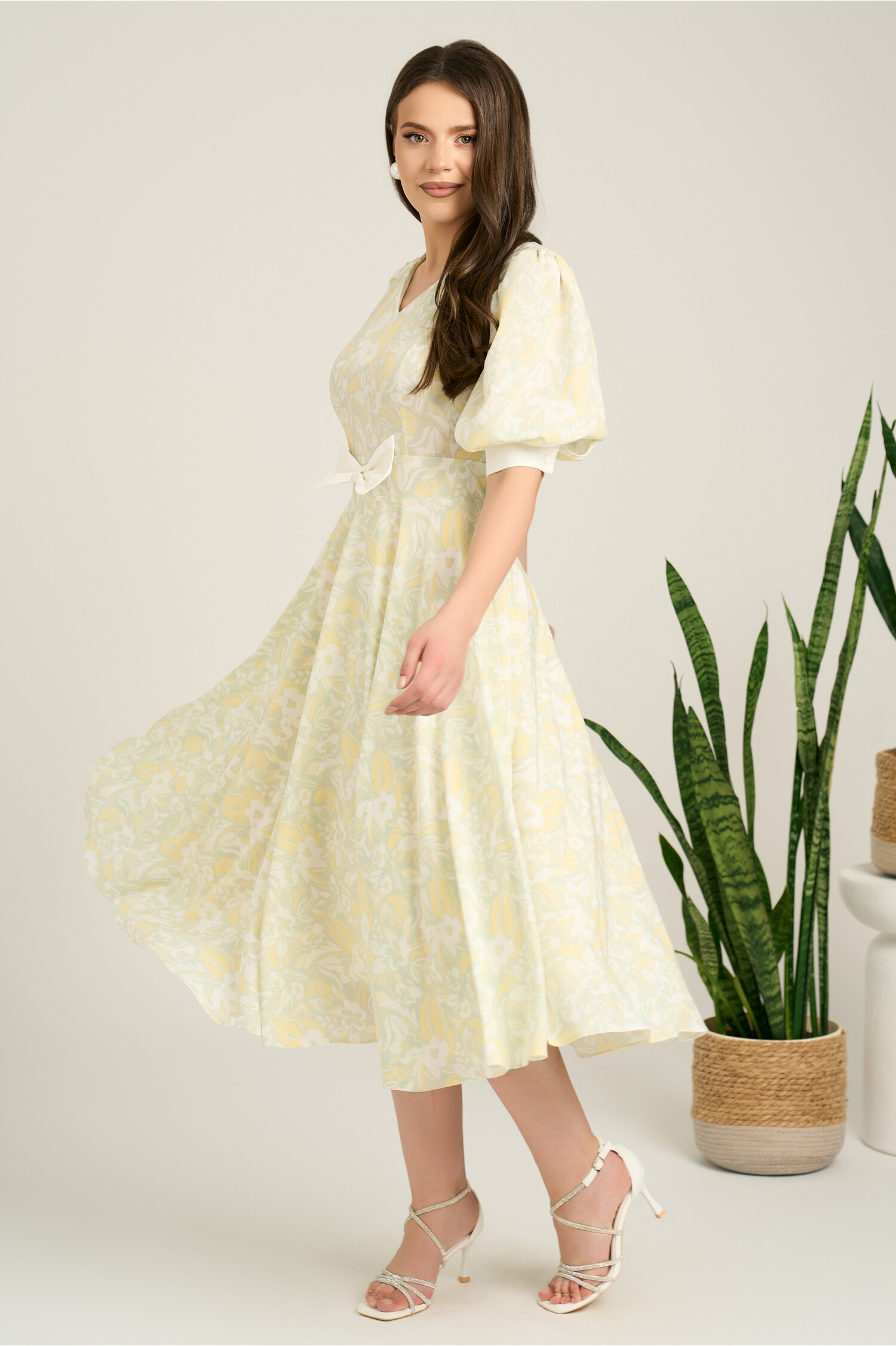 Rochie DY Fashion Midi Verde cu Print și Fundă