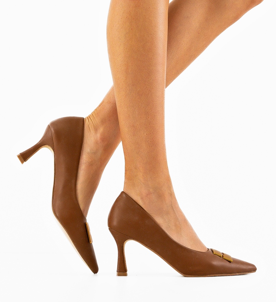 Pantofi dama Jaxy Camel cu toc elegant - imagine 3