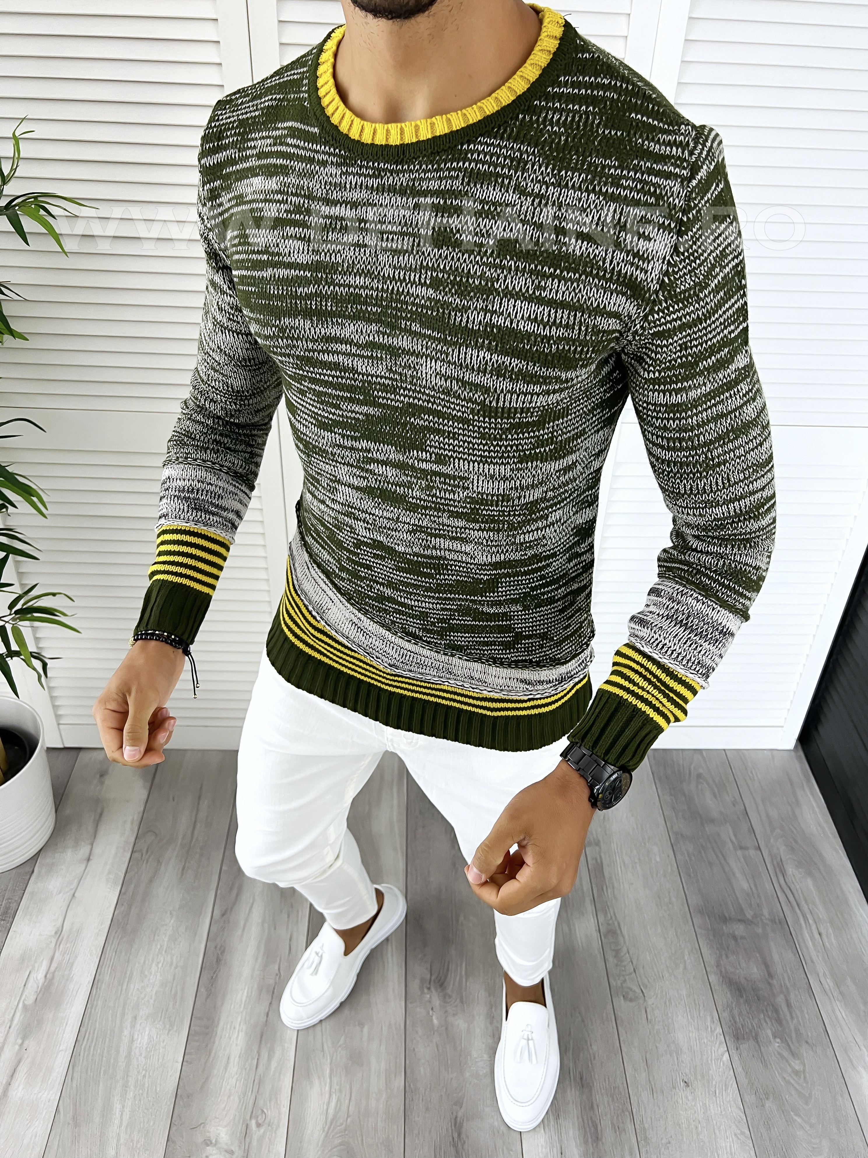 Pulover Barbati Kaki Slim Fit Elegant