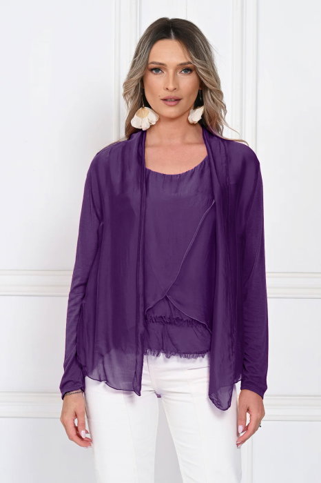 Blazer dama lejer cu design fluid si insertie din matase, croi relaxat, mov