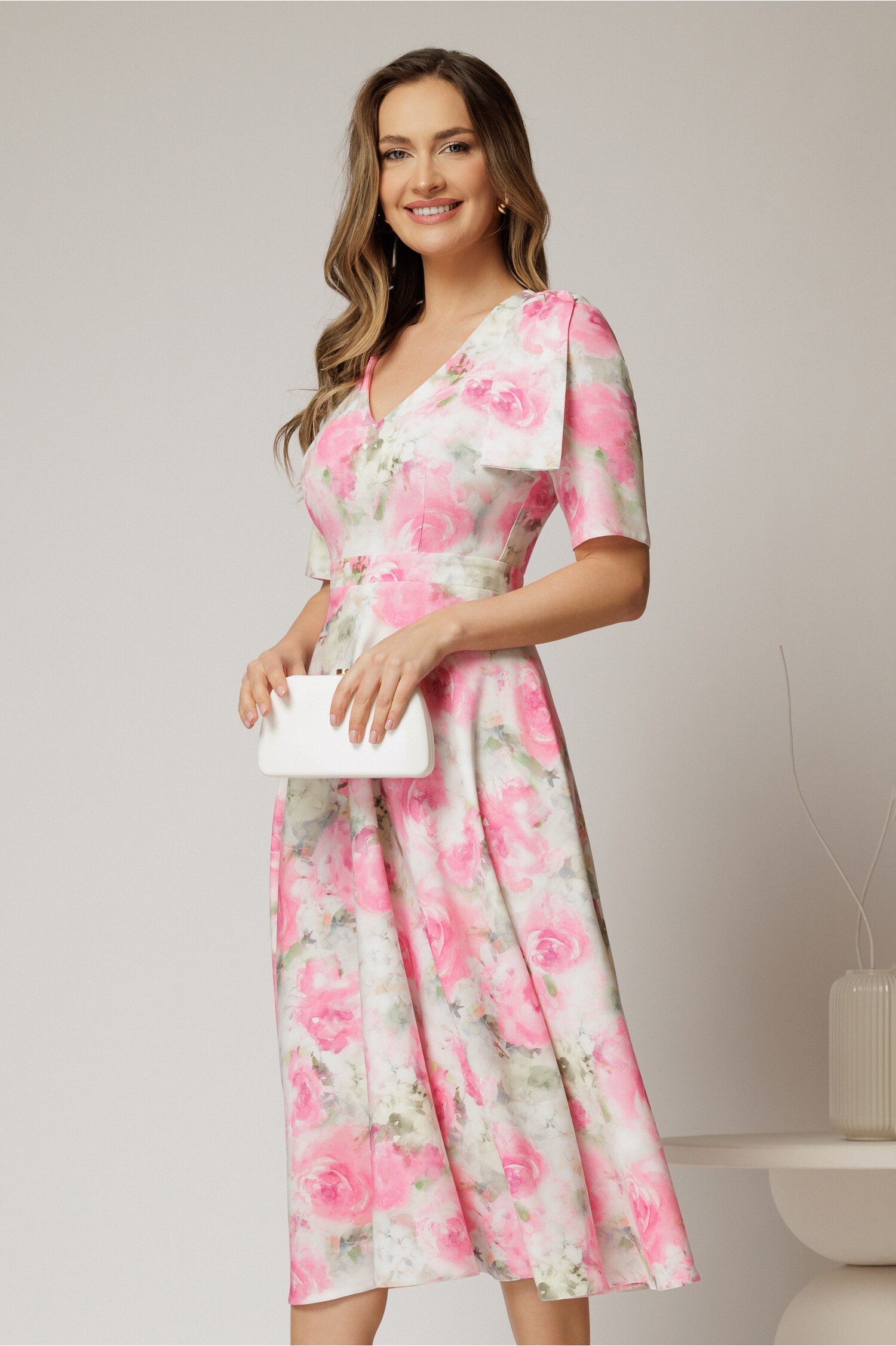 Rochie DY Fashion Midi Roz cu Fundă