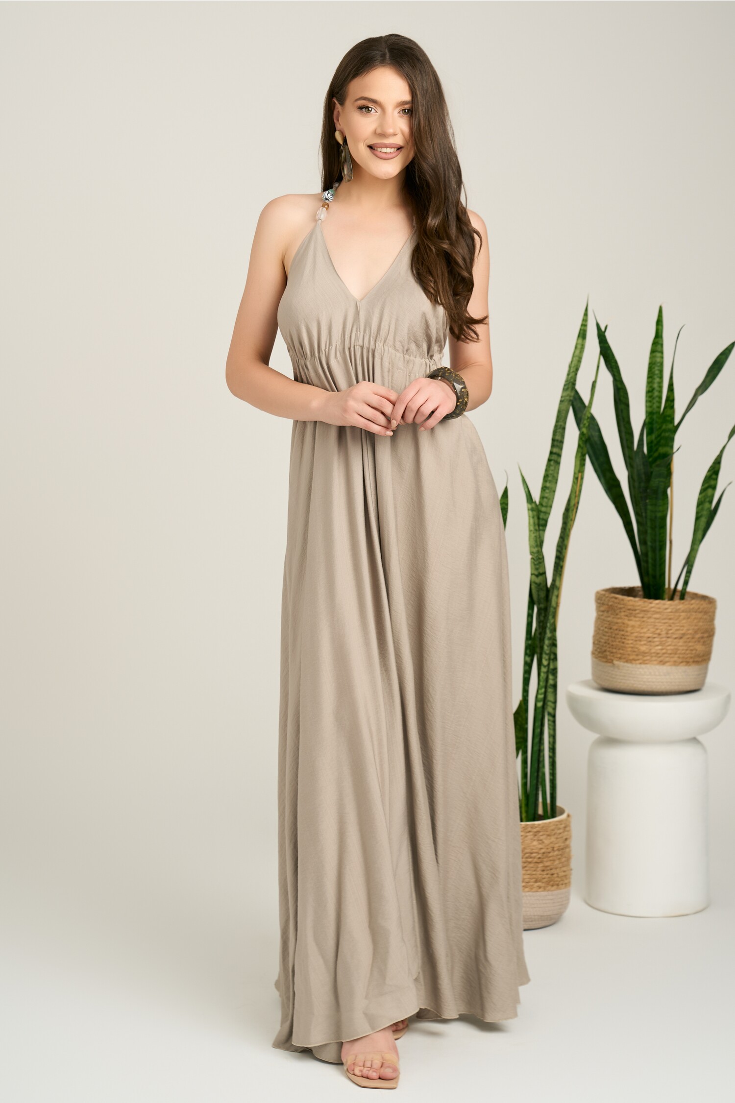 Rochie Gri Viscosă Lejeră cu Talie Reglabilă