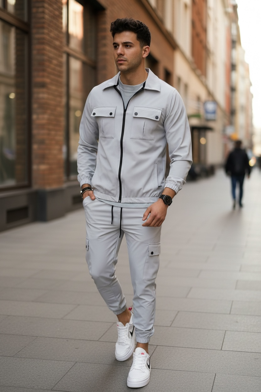 Trening Barbati Slim Fit Gri, Bumbac Premium