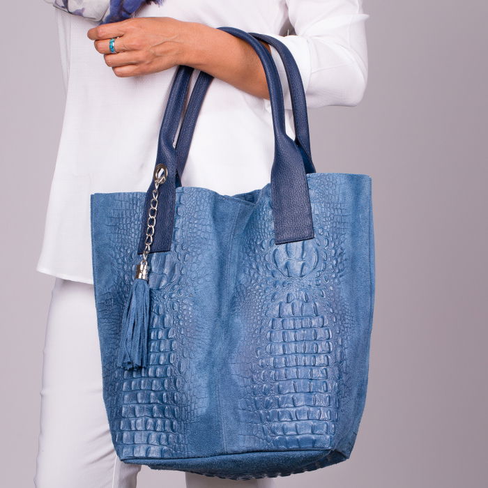 Geanta Shopika Piele Întoarsă Albastră - Eleganță Naturală