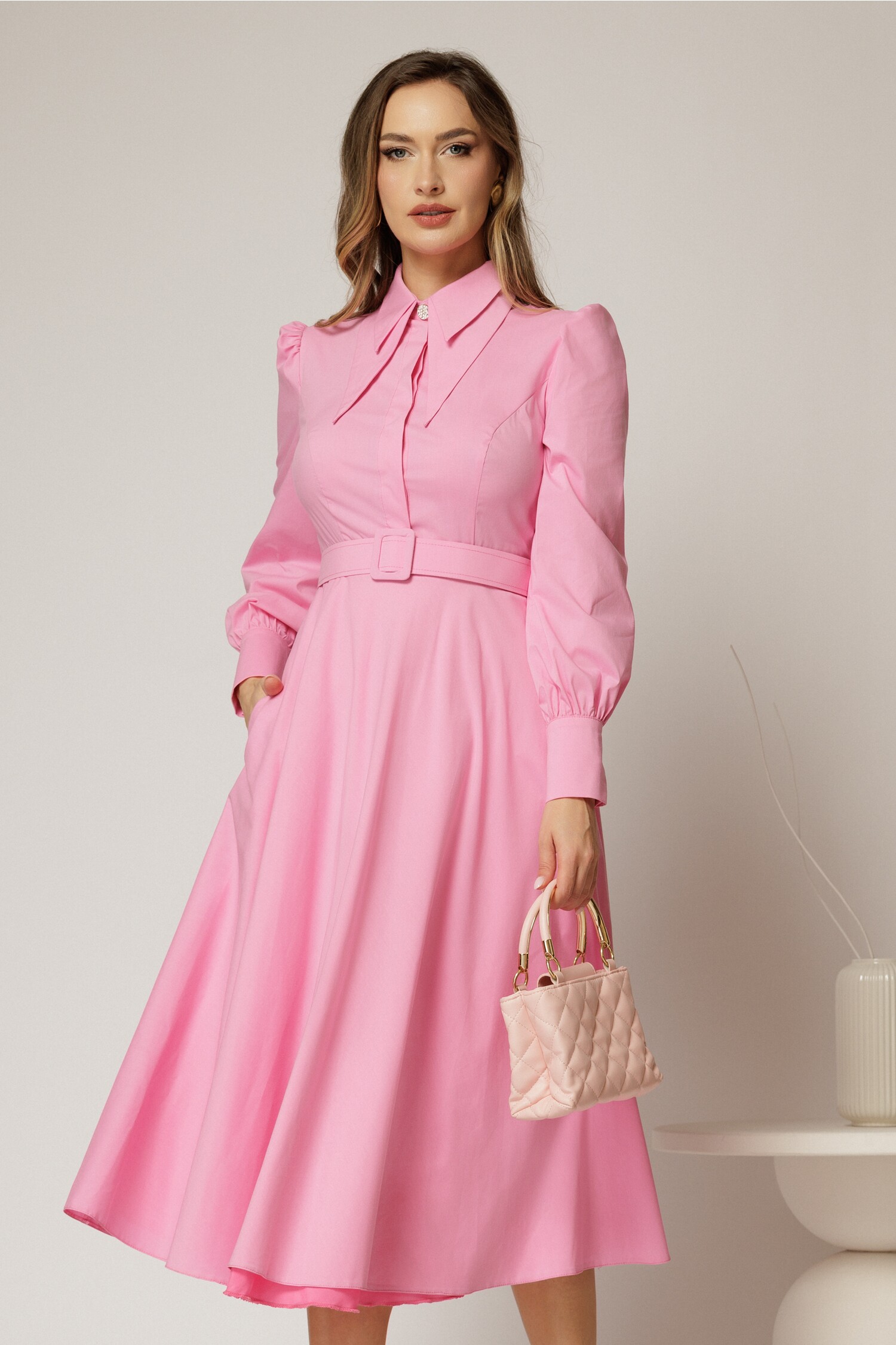Rochie DY Fashion Poplin Roz cu Curea și Guler Dublu