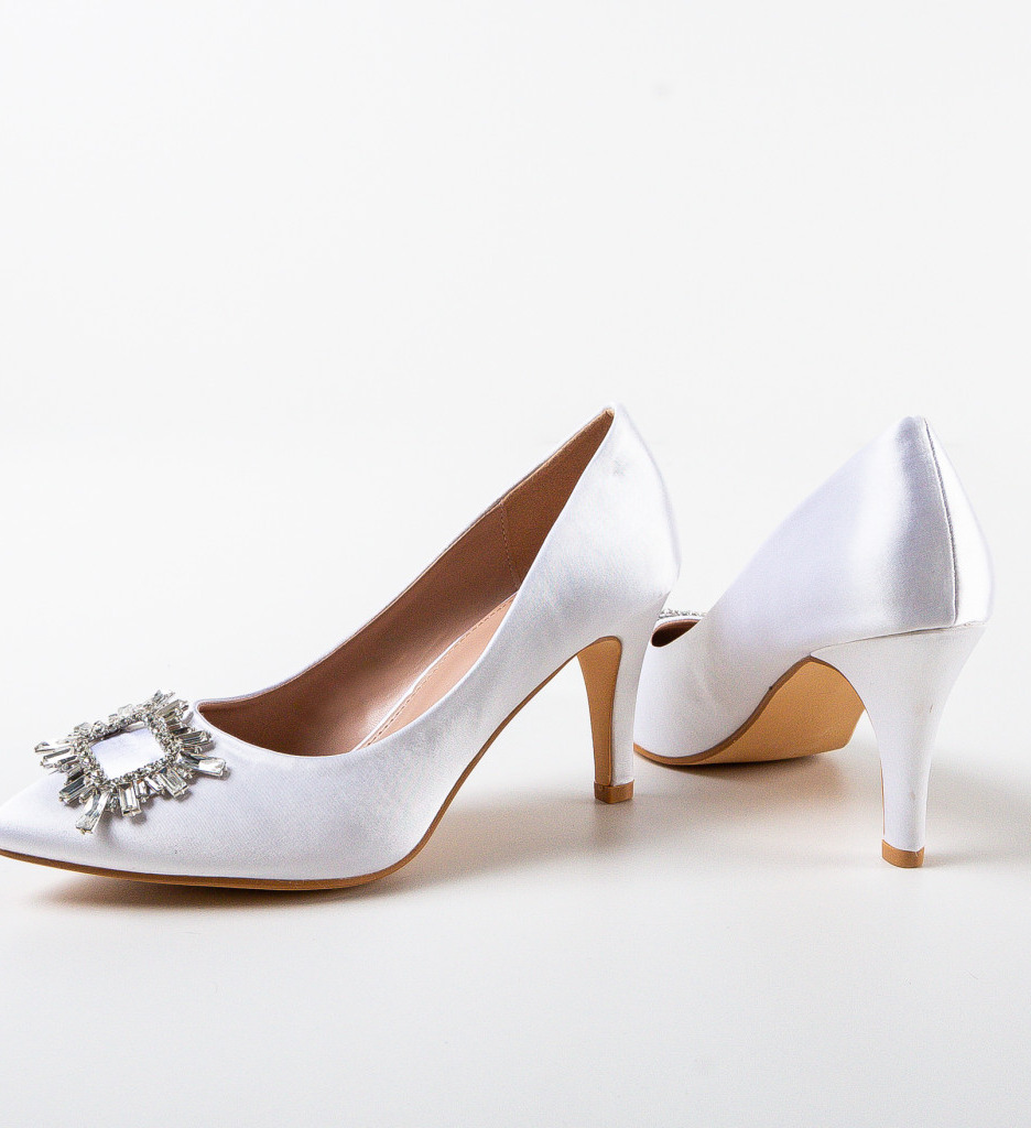 Pantofi Bino Albi Eleganți cu Toc - imagine 8