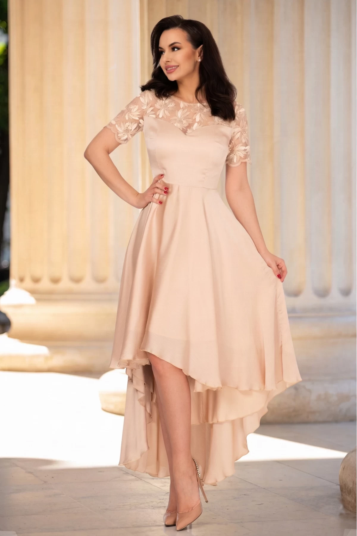 Rochie Ocazie Inpuff Nude cu Broderie - imagine 2