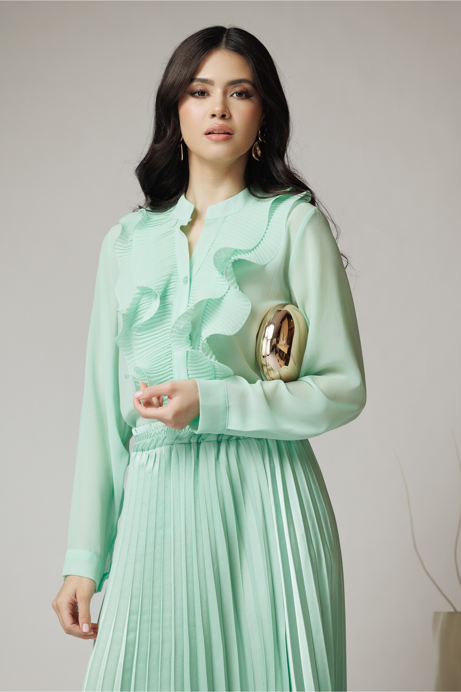 Camașă Voal Verde Mint Eleganta cu Volan
