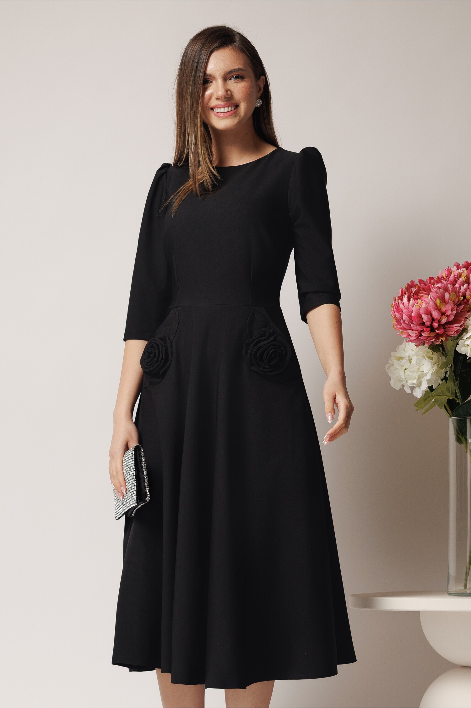 Rochie Office LaDonna Neagră Elegantă cu Flori