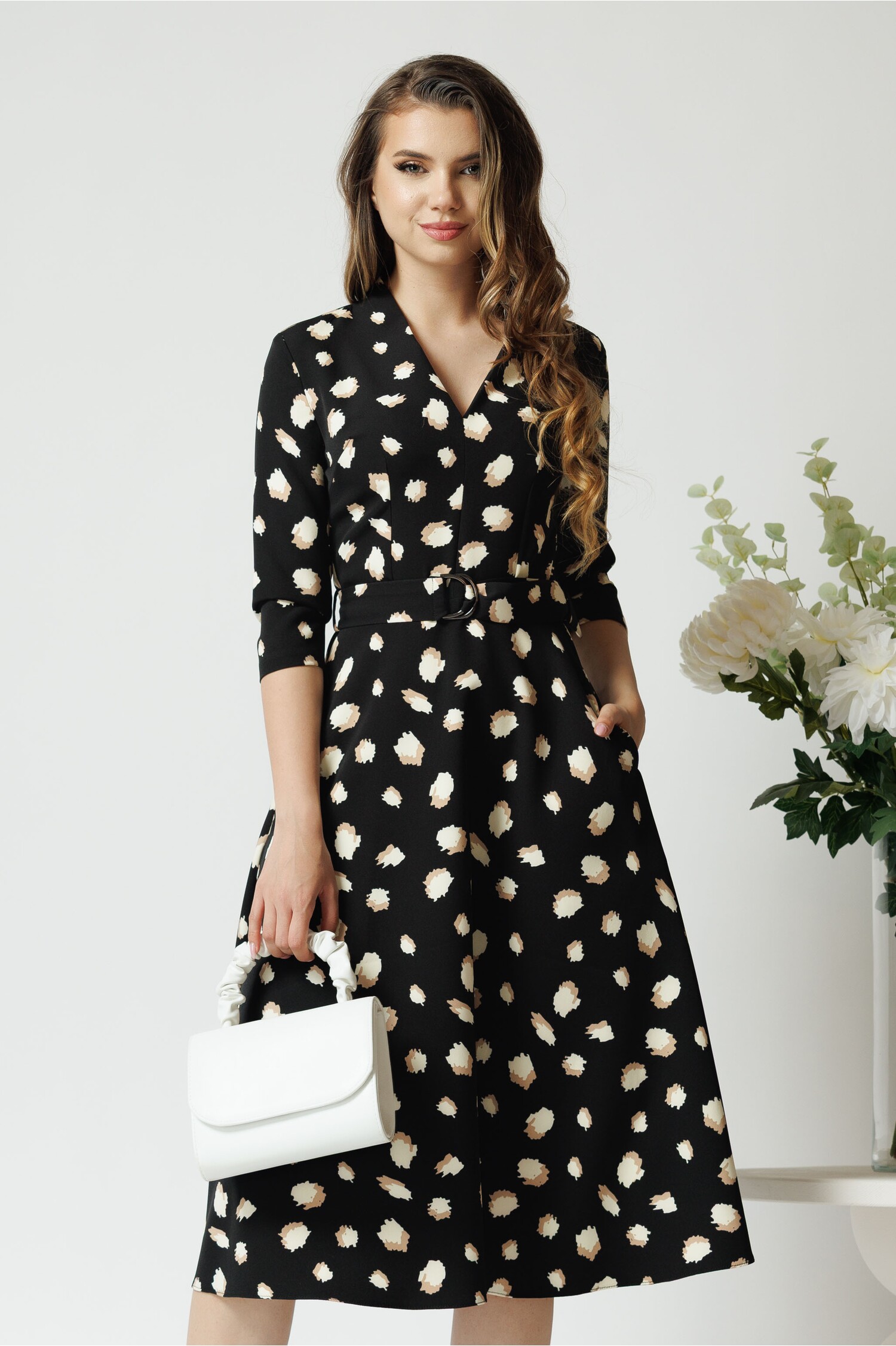 Rochie Neagra Imprimeu Bej | Stil Elegant