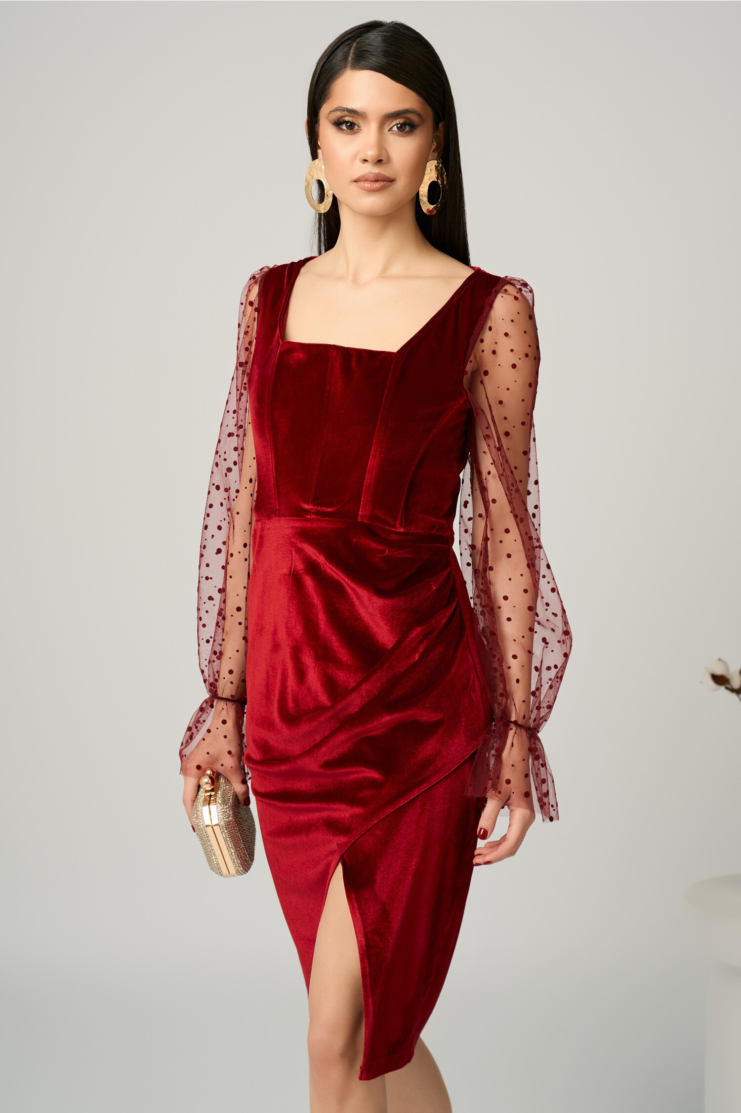 Rochie Catifea Bordo cu Maneci Tull Eleganta