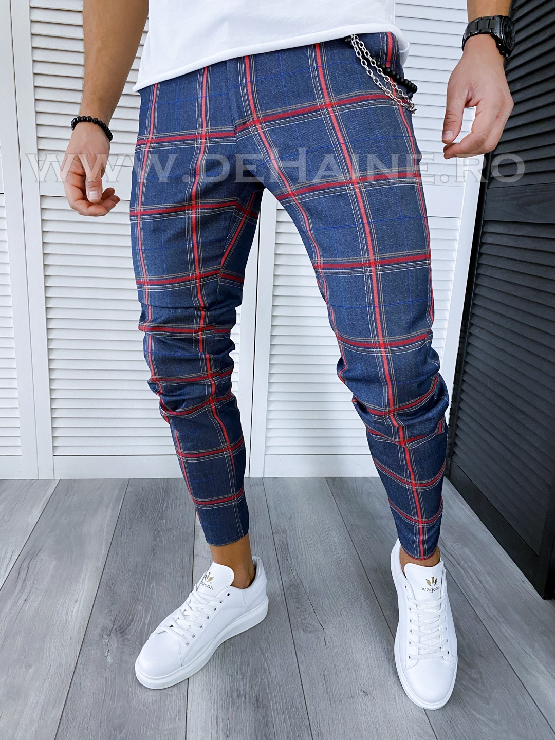 Pantaloni Casual Bărbați Bleumarin Carouri Regular Fit