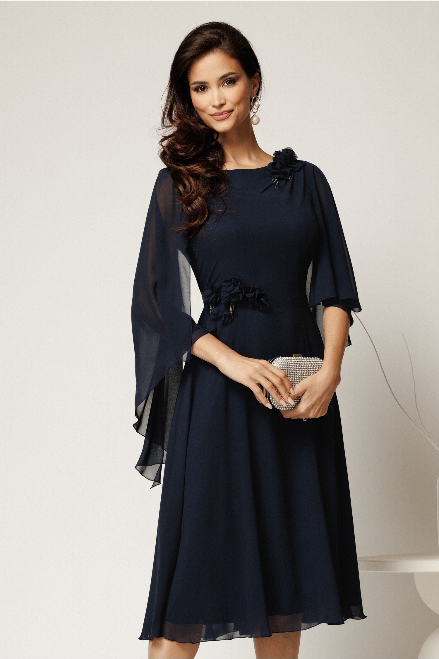 Rochie Midi Bleumarin cu Flori | Cununie Civilă